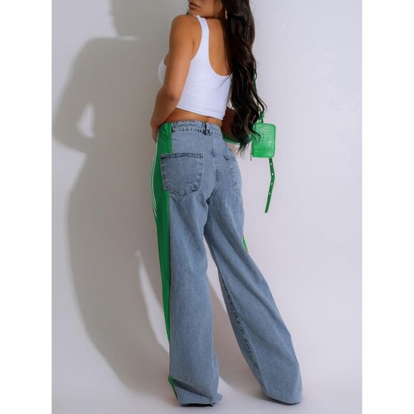 Womens Wide Leg Jeans Stretchy High Waist Patchwork Side Stripes Casual - Picture 4 of 7